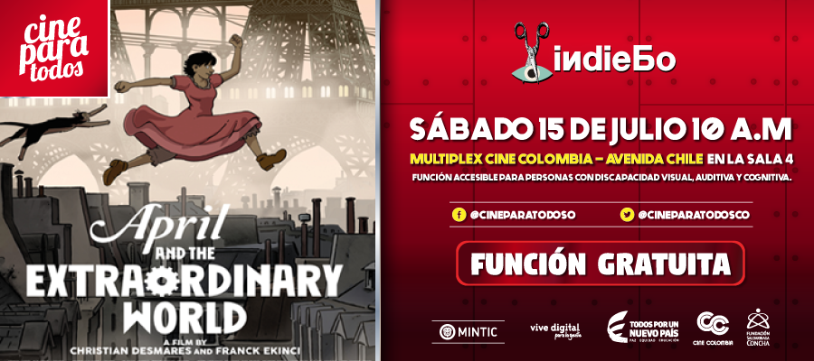 Abril y su gato Darwin saltan sobre unos tejados,  mientras en el horizonte se divisa una calle y la silueta de dos torres similares a la Eiffel.